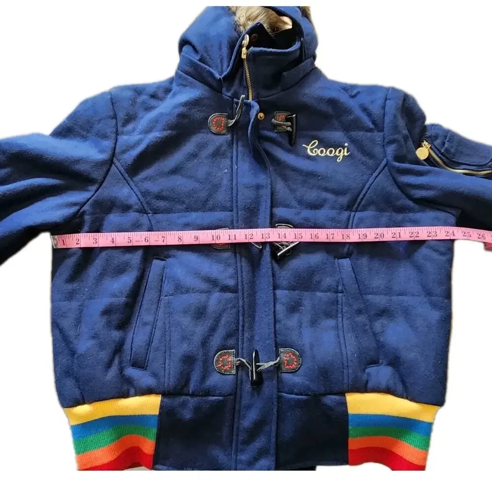 Coogi Women's Logo Rainbow Full Zip Navy Wool Varsity Jacket Fur Hood Size XXL - Picture 10 of 13